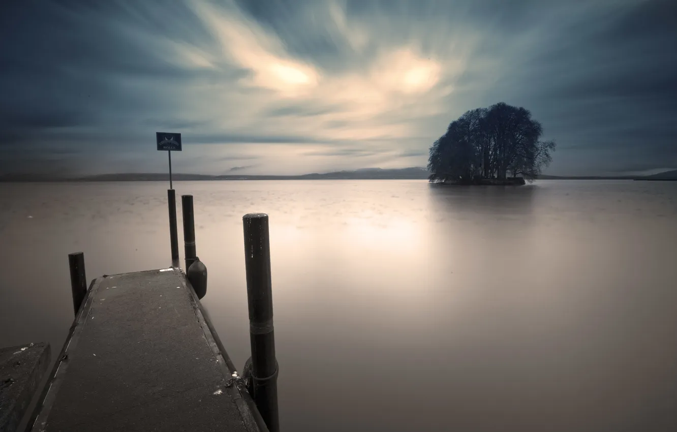 Photo wallpaper trees, lake, island, pier