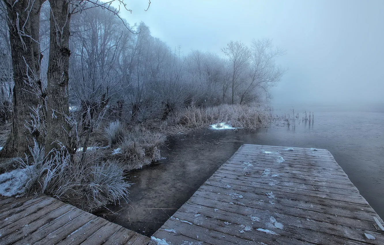 Photo wallpaper landscape, bridge, fog, lake