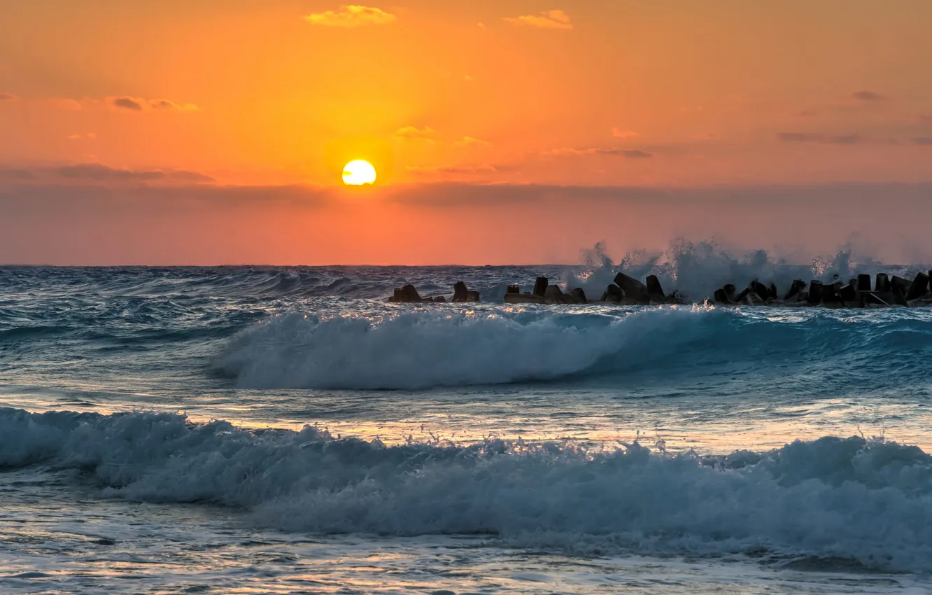 Photo wallpaper sea, wave, beach, the sky, sunset, horizon