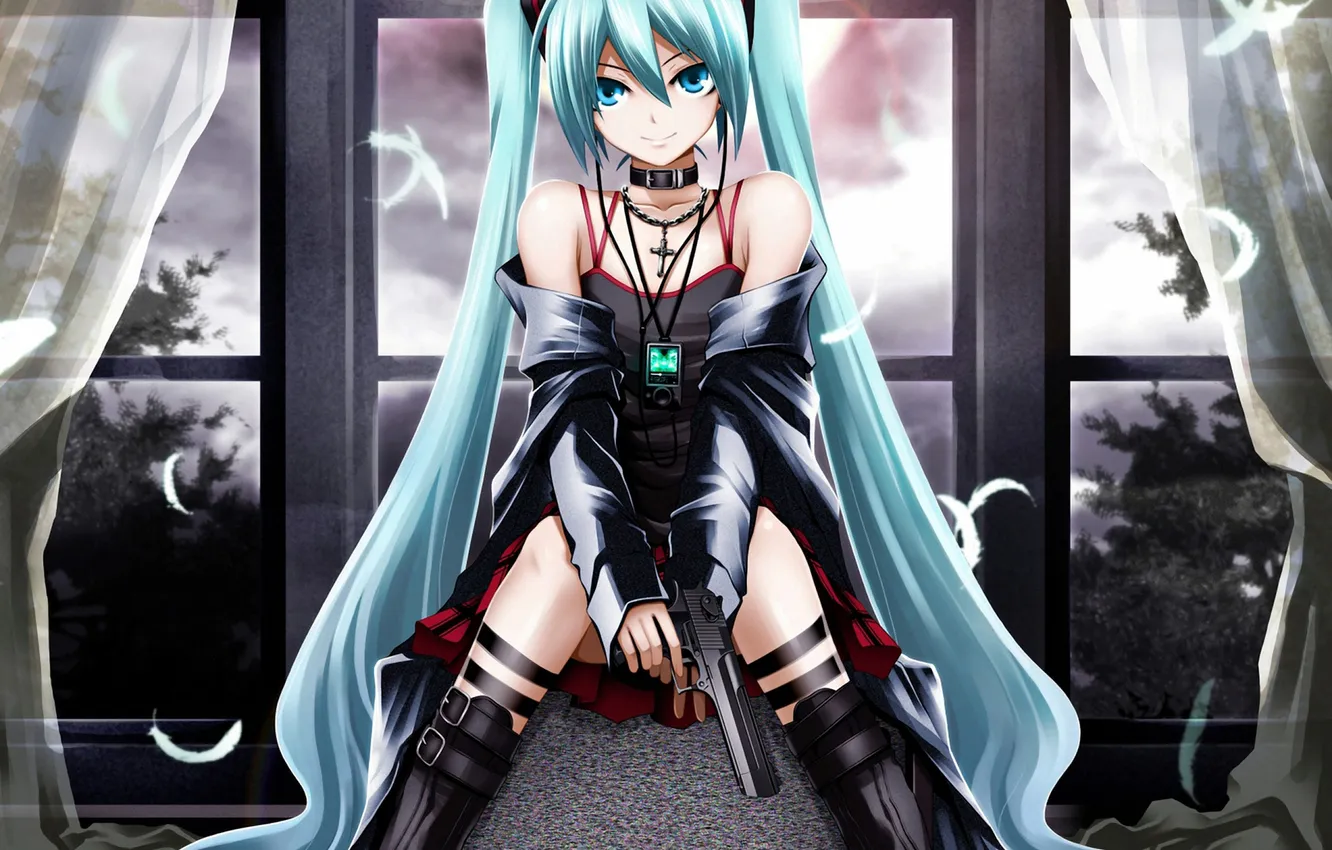 Photo wallpaper girl, gun, hair, player, vocaloid, hatsune miku