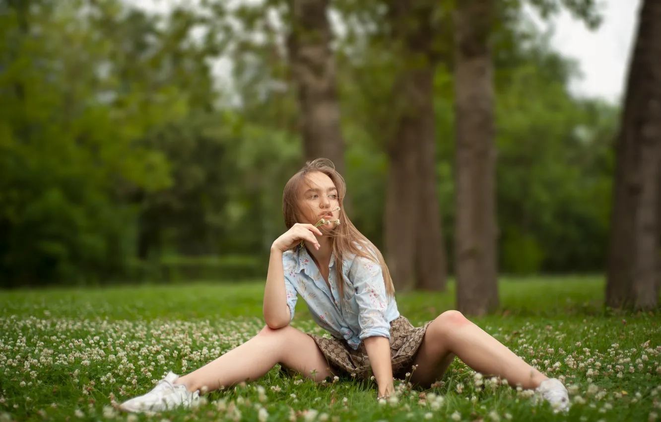 Photo wallpaper grass, blouse, trees, nature, flowers, model, women, brunette