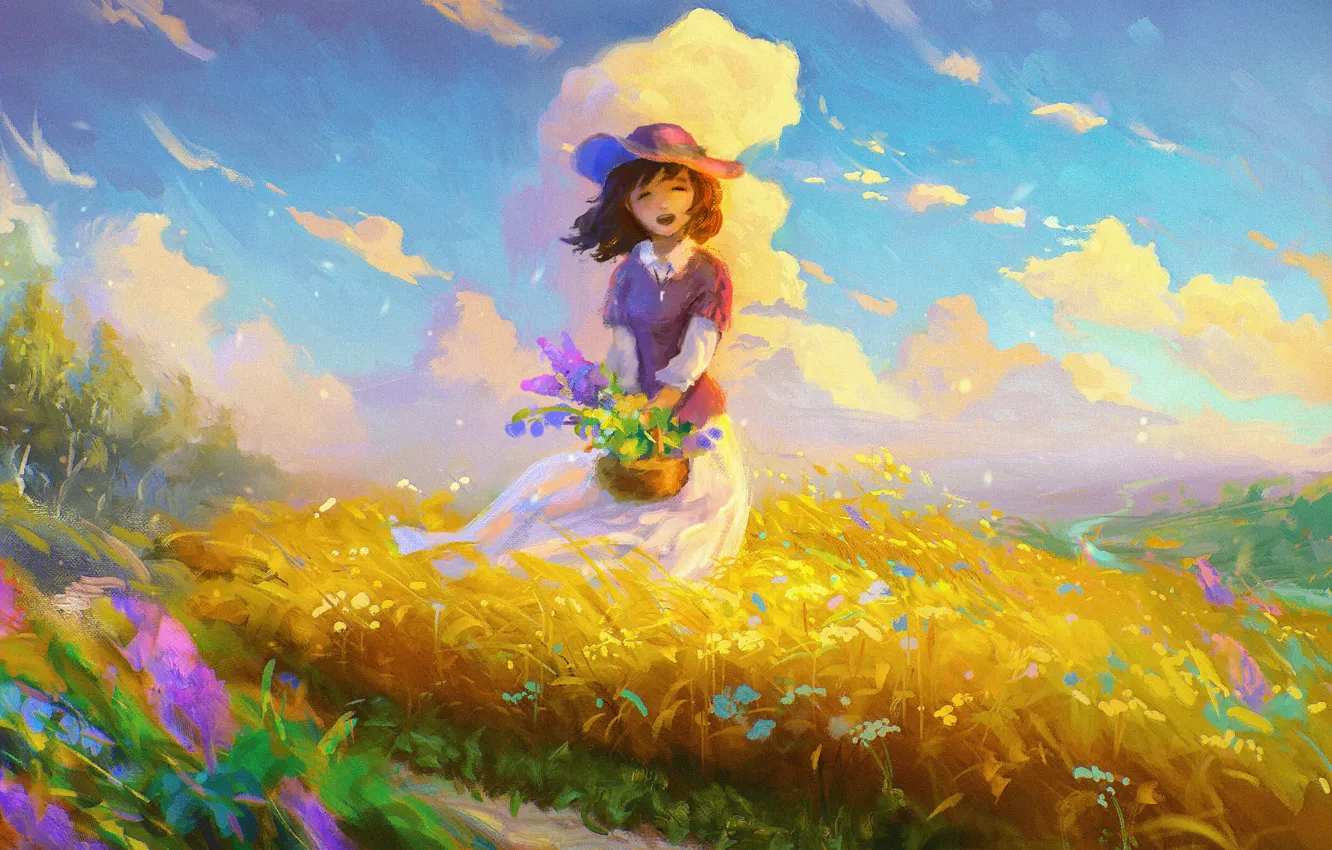 Photo wallpaper field, the sky, clouds, flowers, smile, mood, the wind, hat