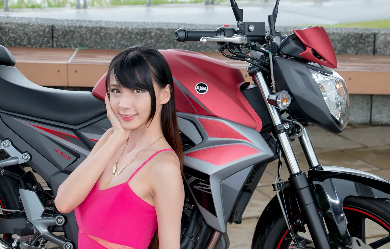 Photo wallpaper look, girl, motorcycle, Asian, beautiful girl, posing on my bike, SYM T2