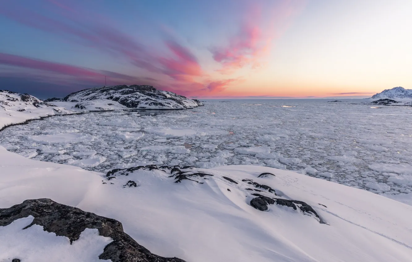Photo wallpaper ice, sky, sea, landscape, nature, sunset, winter, rocks