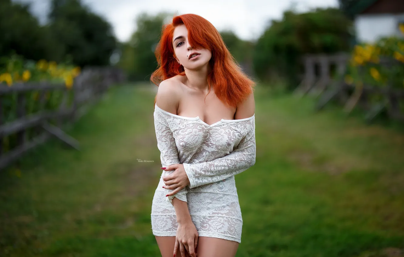 Photo wallpaper look, girl, pose, dress, neckline, red, redhead, Maxim Romanov