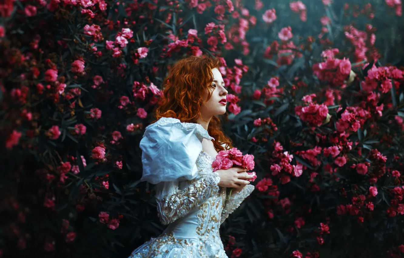 Photo wallpaper flowers, background, model, dress, red