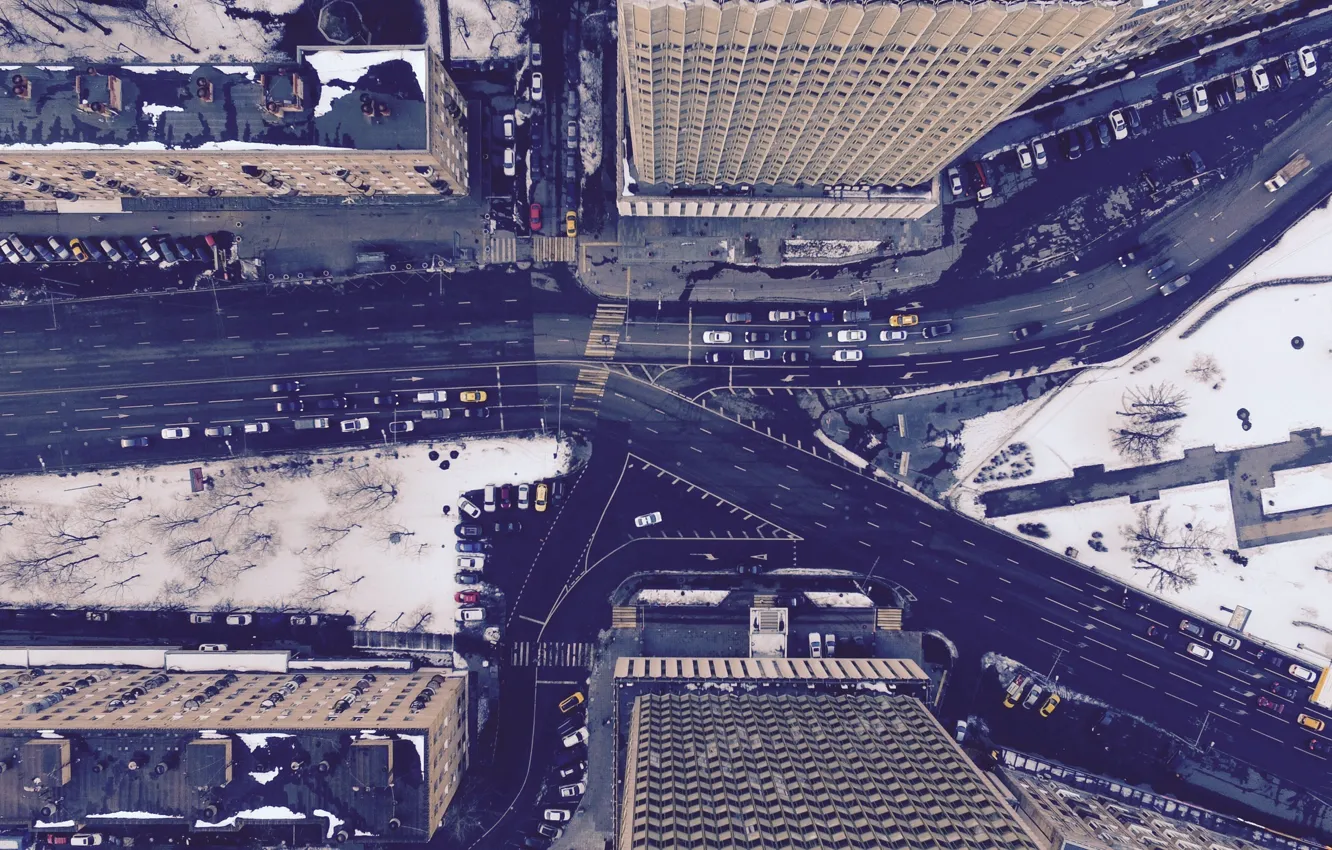 Photo wallpaper Russia, cars, roads, Moscow, traffic, buildings, height, bird's view