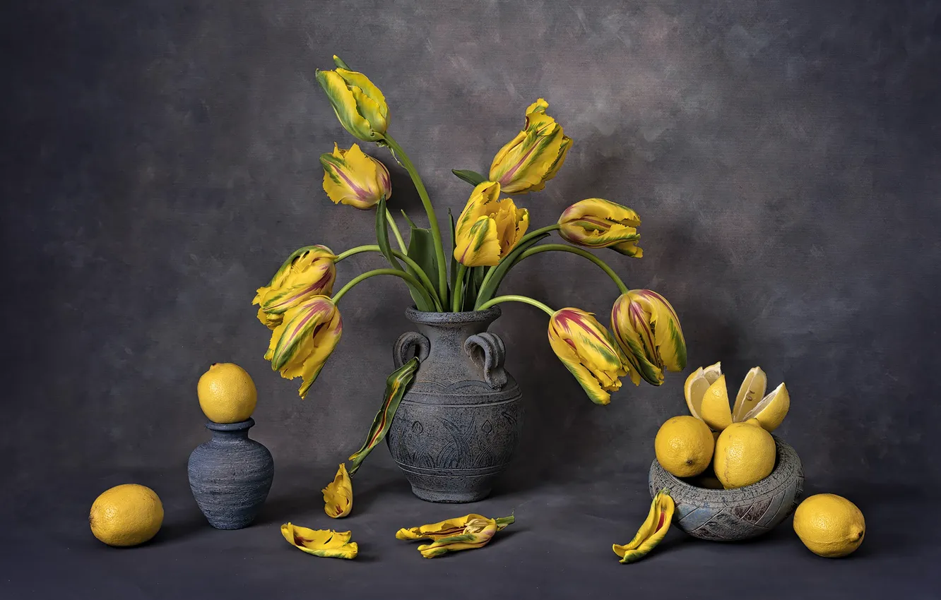 Photo wallpaper flowers, yellow, table, lemon, bouquet, petals, tulips, vase