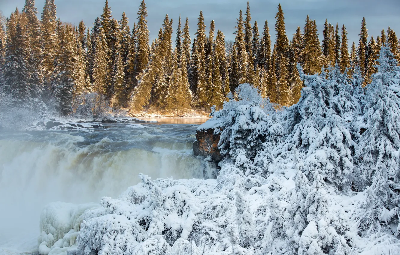 Photo wallpaper winter, forest, the sun, snow, trees, river, waterfall, Canada