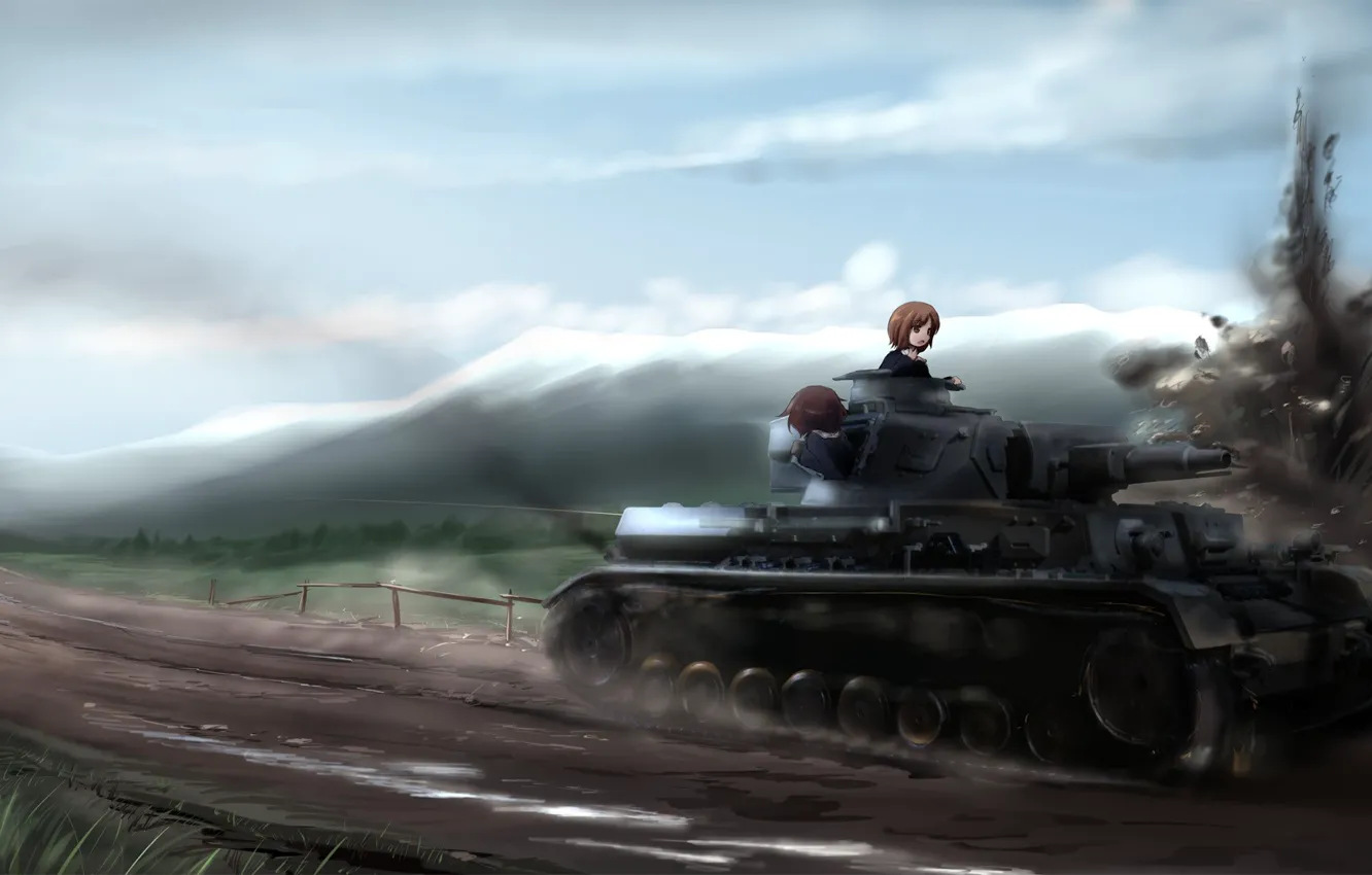 Photo wallpaper Field, Road, Mountains, The fence, The explosion, Anime, Tank, Girls and plant