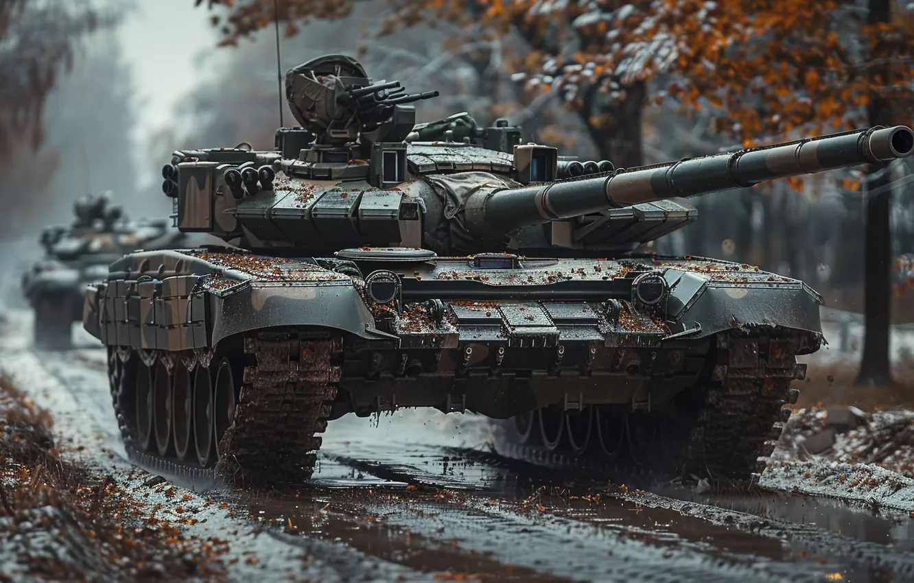 Photo wallpaper road, trees, dirt, tank, digital art, AI art, The Art of Artificial Intelligence, neural network