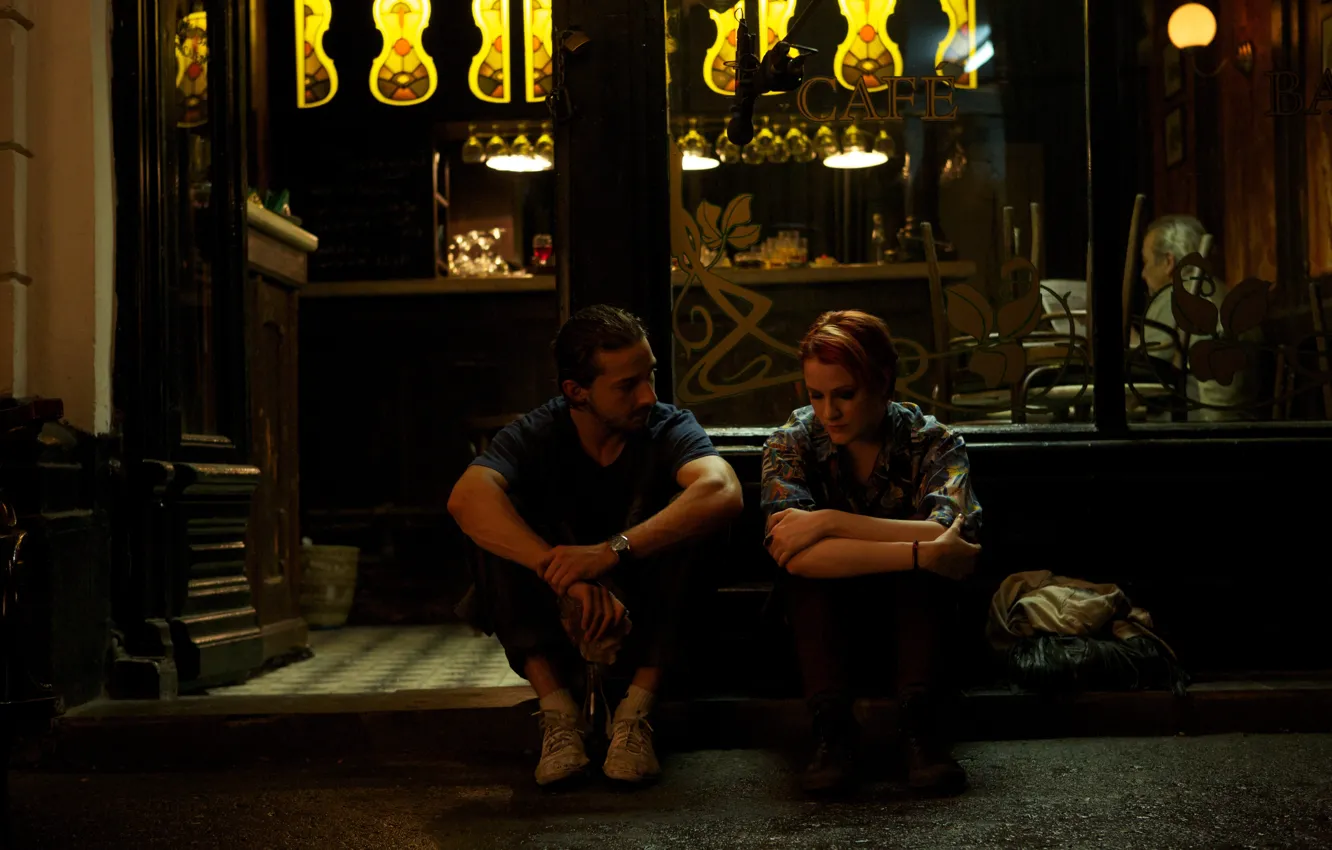 Photo wallpaper street, pair, cafe, romance, Thriller, action, drama, Shia LaBeouf