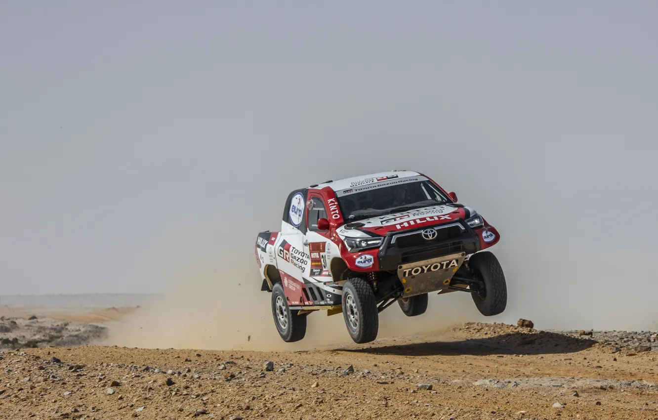 Photo wallpaper desert, dust, Toyota, pickup, Hilux, jump, 2020, Rally Dakar
