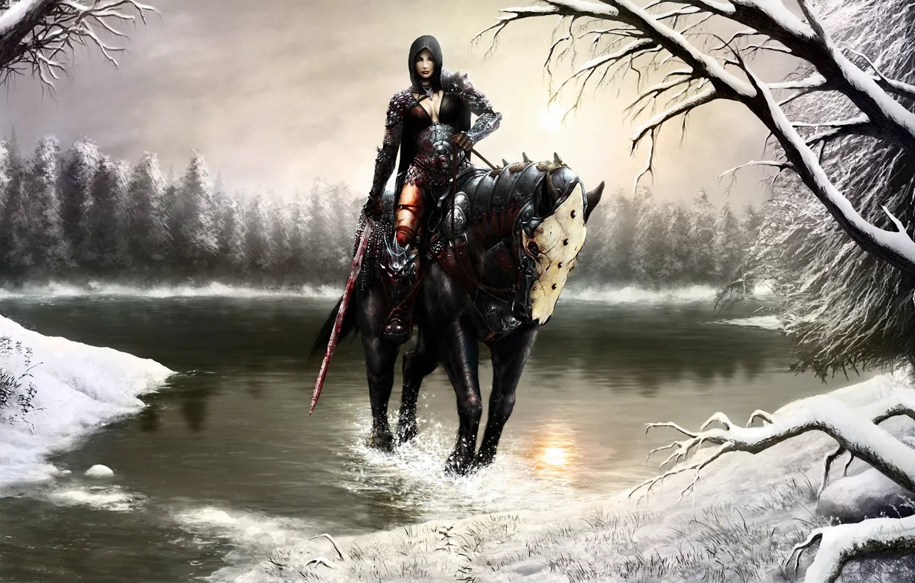 Photo wallpaper winter, forest, girl, snow, squirt, lake, horse, blood