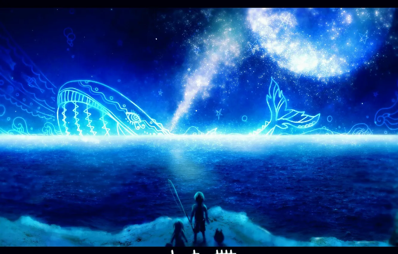 Photo wallpaper night, children, fishing, art, kit, little demon, shoutaro