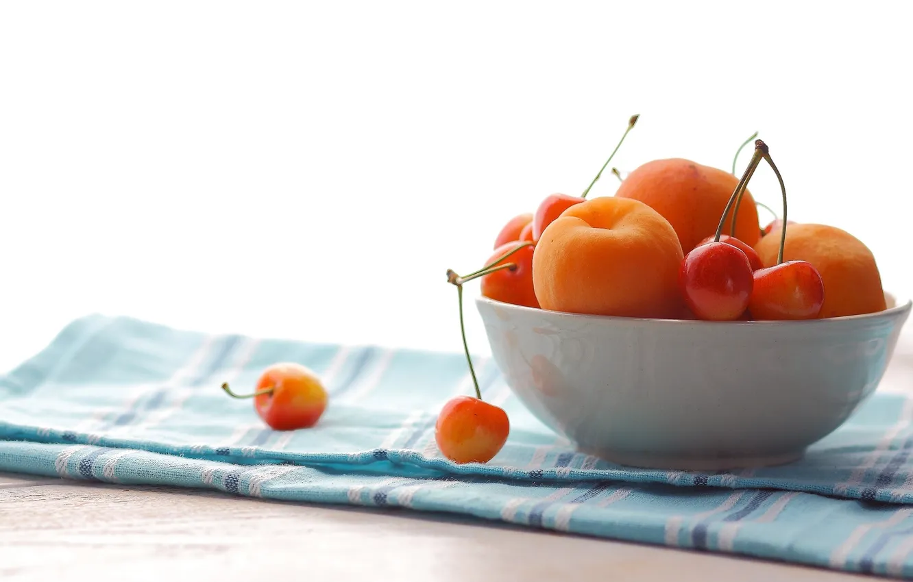 Photo wallpaper berries, plate, fruit, cherry, apricots