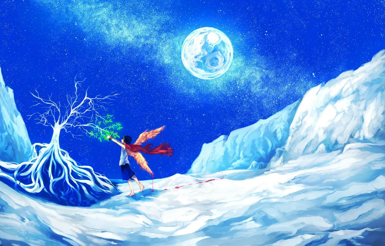Photo wallpaper winter, leaves, stars, snow, trees, night, the moon, blood