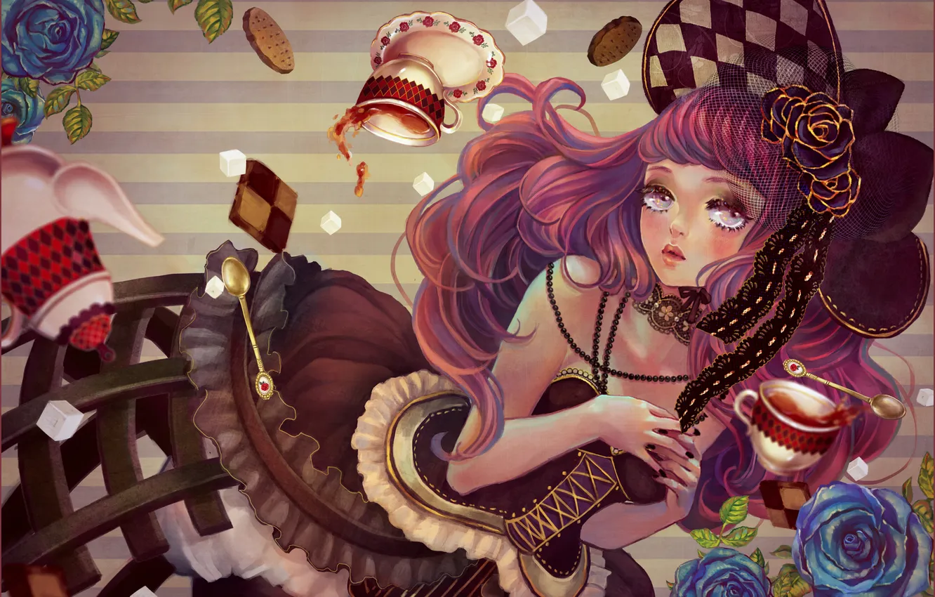 Photo wallpaper girl, strip, tea, roses, cookies, art, sugar, mugs