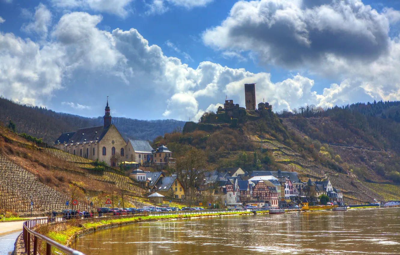 Photo wallpaper clouds, the city, river, photo, coast, Germany, Bruttig-Fankel