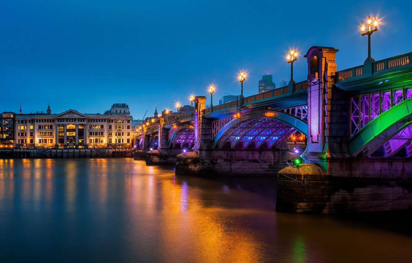 Photo wallpaper night, bridge, river, England, London, the evening, lighting, backlight