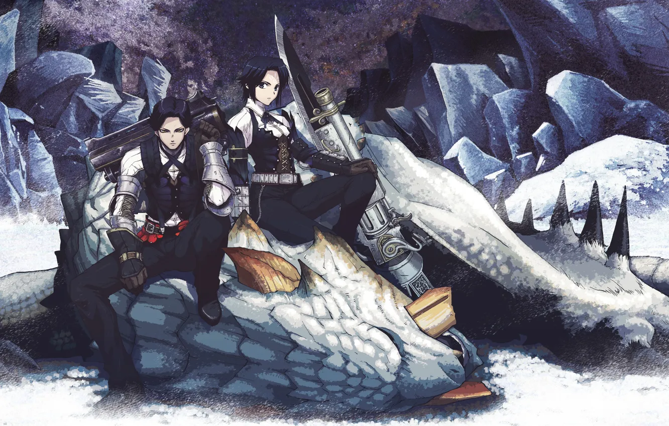 Photo wallpaper girl, monster, guy, anime, mining, Monster Hunter