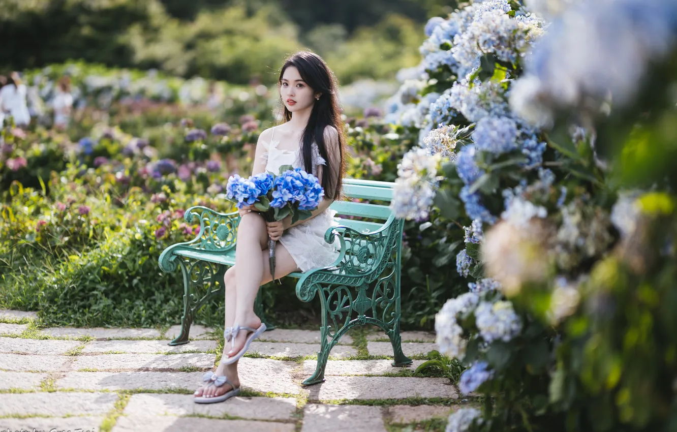 Photo wallpaper girl, flowers, Asian