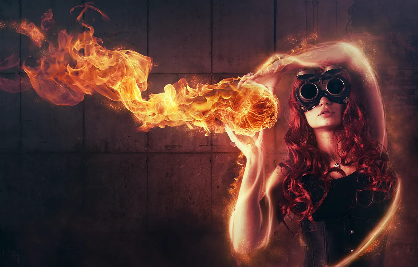 Photo wallpaper girl, abstraction, fire, glasses, red