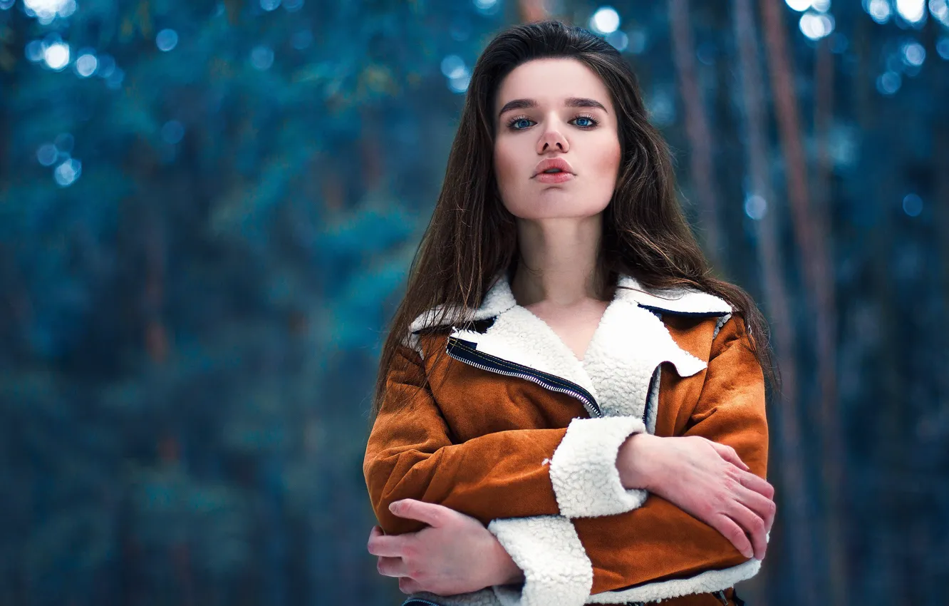 Photo wallpaper forest, look, girl, snow, trees, hair, Vlad Popov