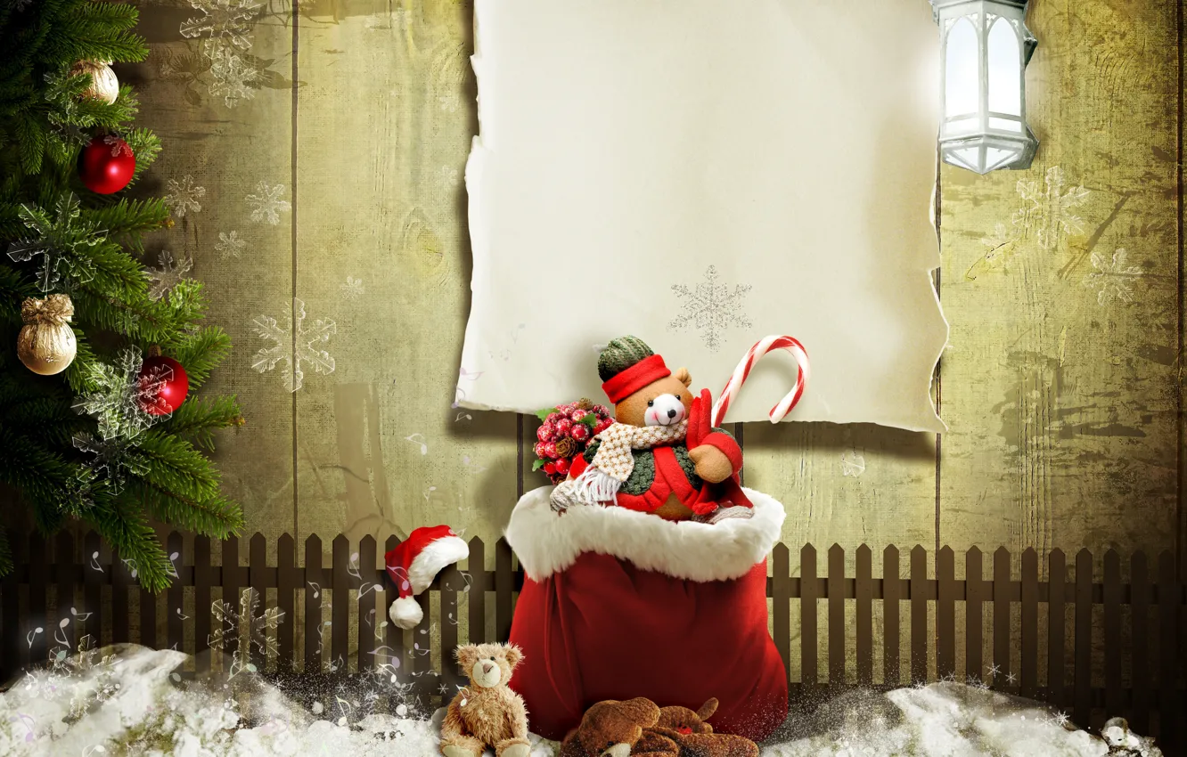 Photo wallpaper snow, the fence, lantern, gifts, tree, bag, Christmas decorations, Teddy bear