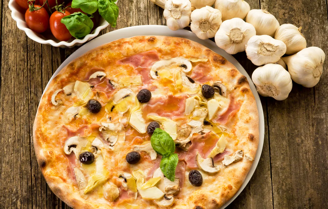 Photo wallpaper mushrooms, cheese, pizza, tomatoes, olives, mushrooms, cheese, ham