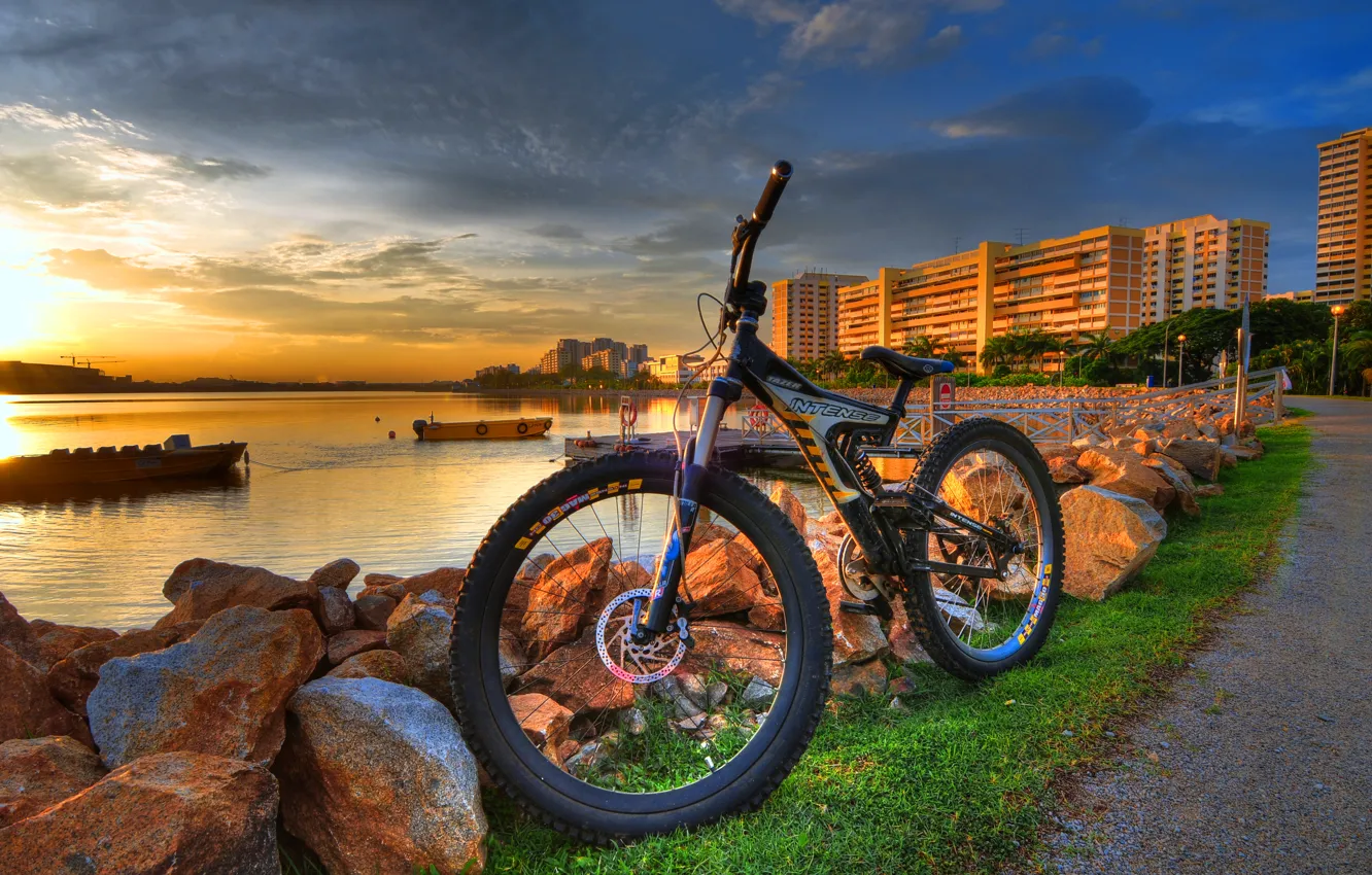 Photo wallpaper sunset, bike, the city, stones, boats, river