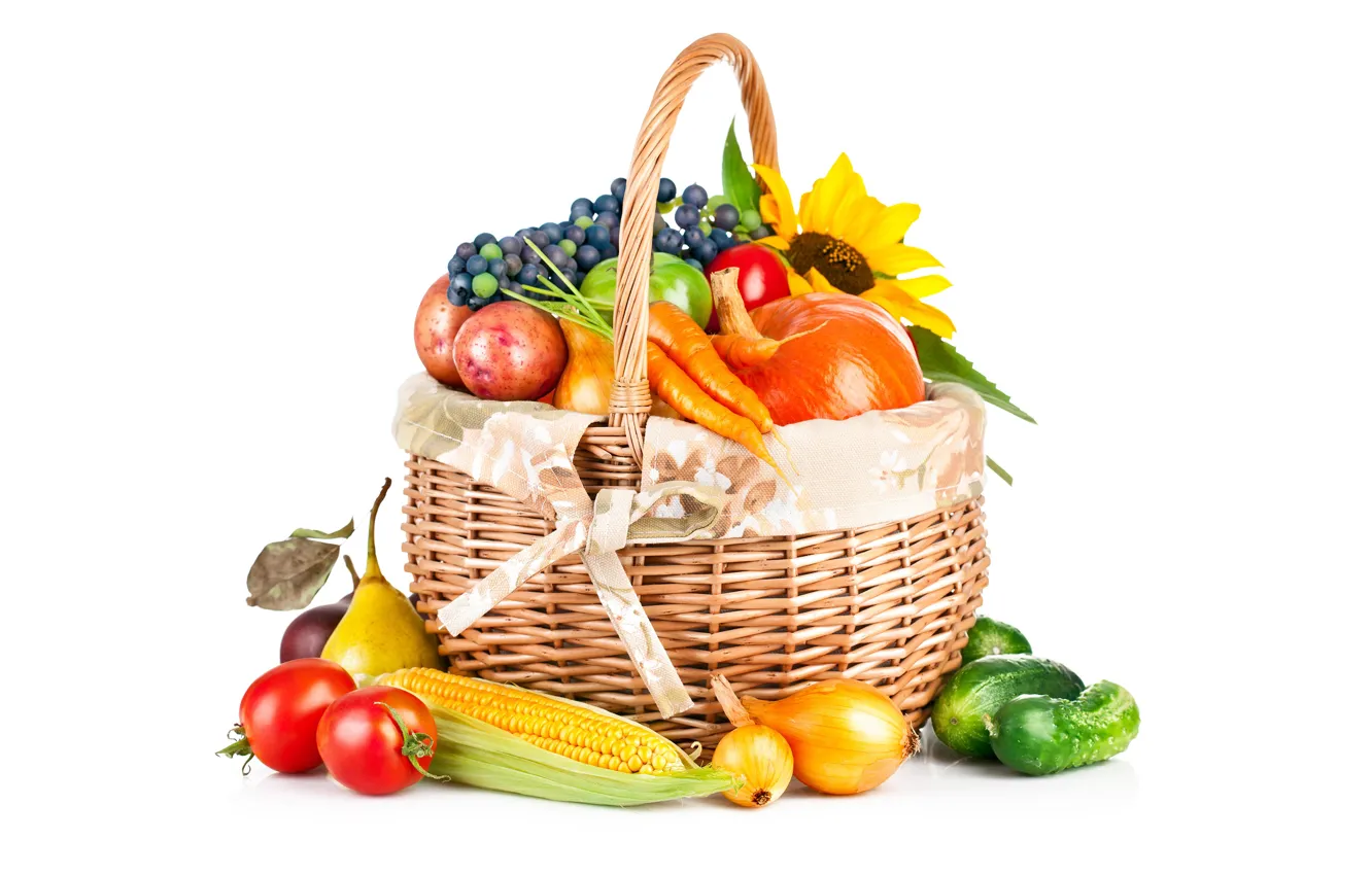 Photo wallpaper basket, sunflower, corn, bow, grapes, white background, pumpkin, fruit