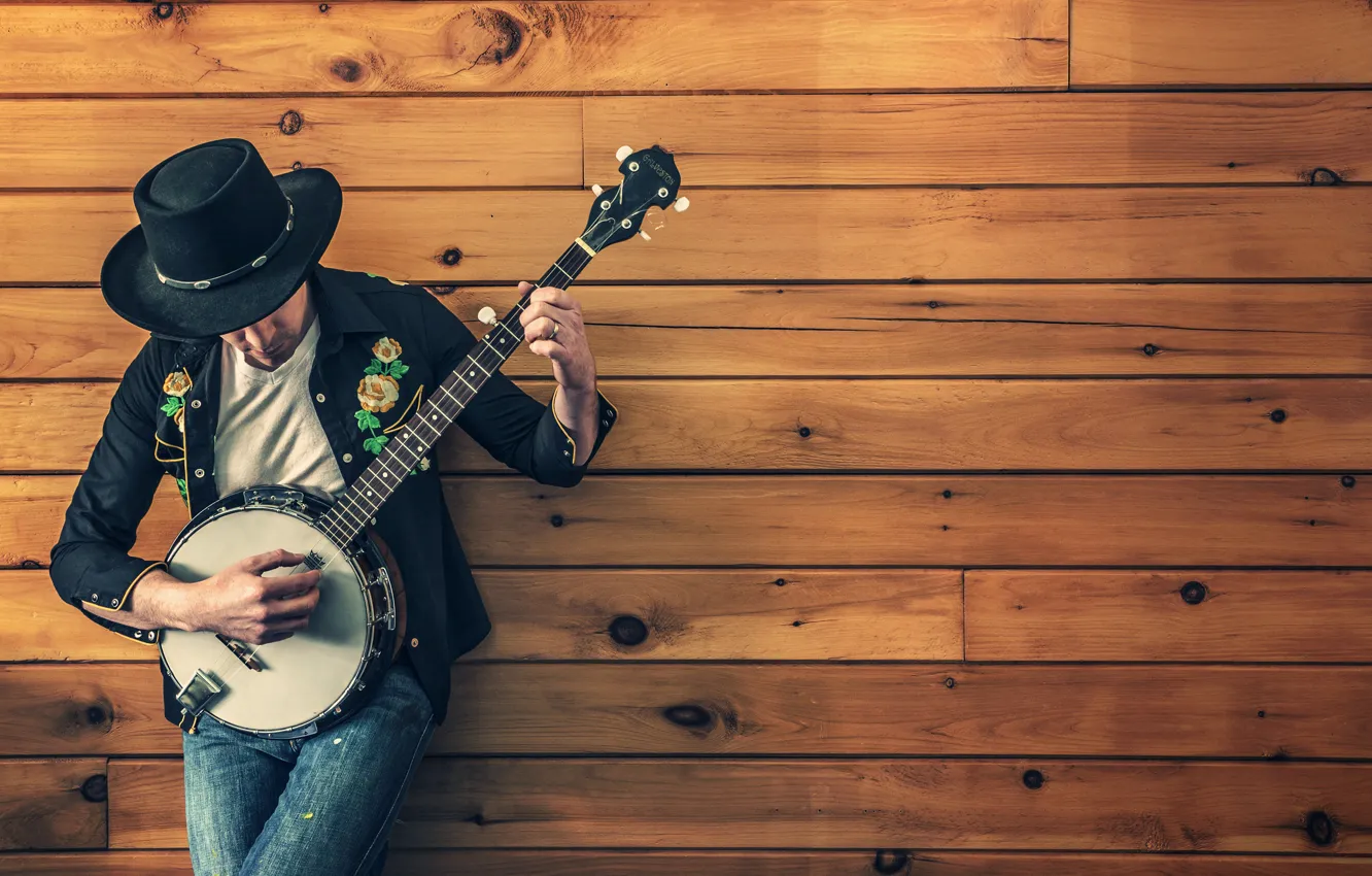 Photo wallpaper pose, music, wall, the game, Board, guitar, hat, costume