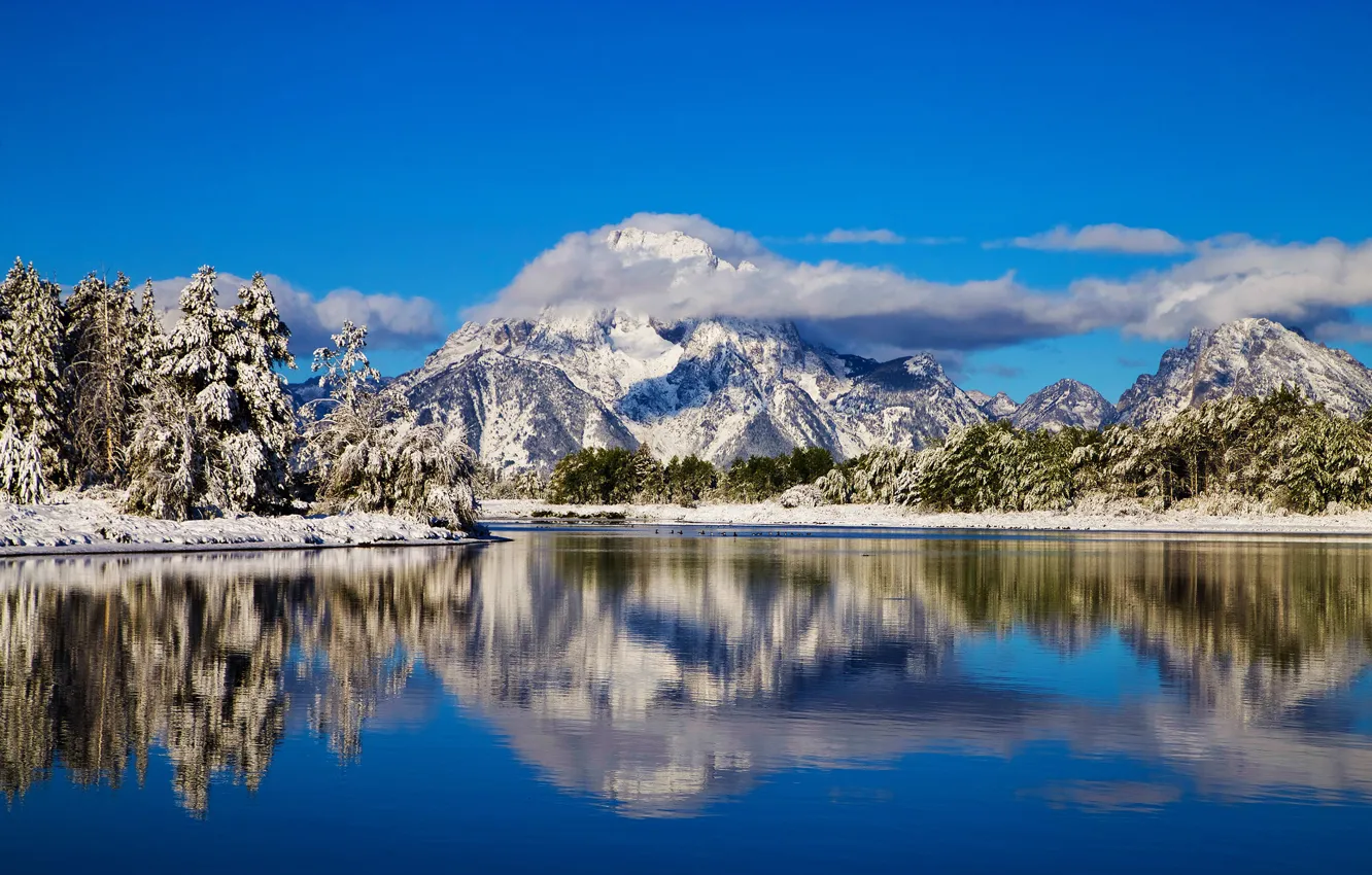 Photo wallpaper winter, clouds, mountains, reflection, river, Wyoming, Wyoming, Grand Teton National Park