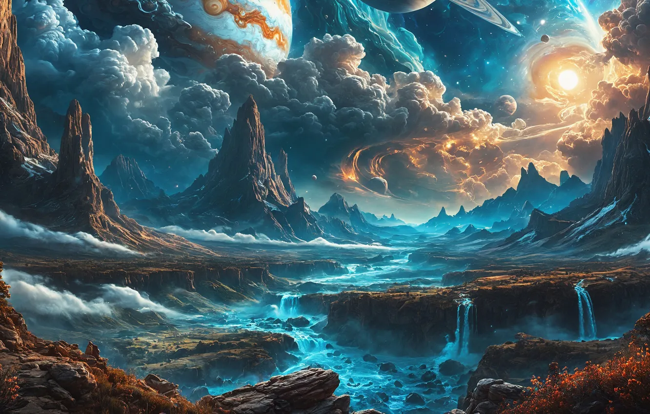 Photo wallpaper Jupiter, fantasy, mountains, landscape, clouds