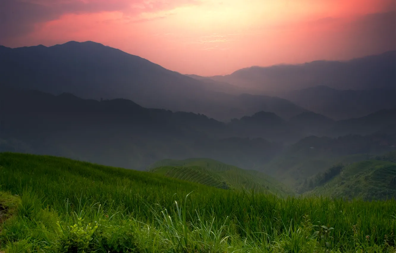 Photo wallpaper mountains, China, field