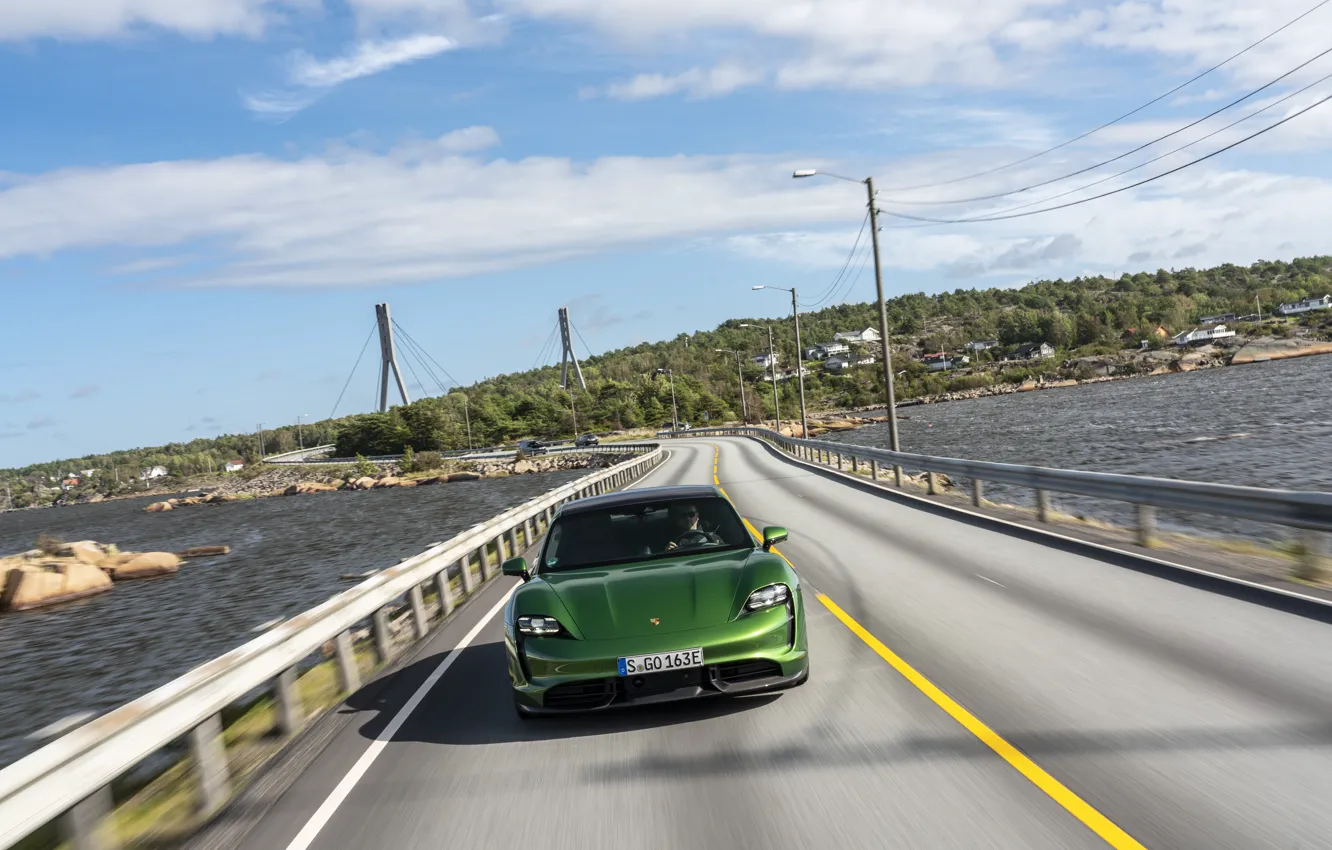 Photo wallpaper front view, Taycan, road, Turbo S, 2020, Porsche