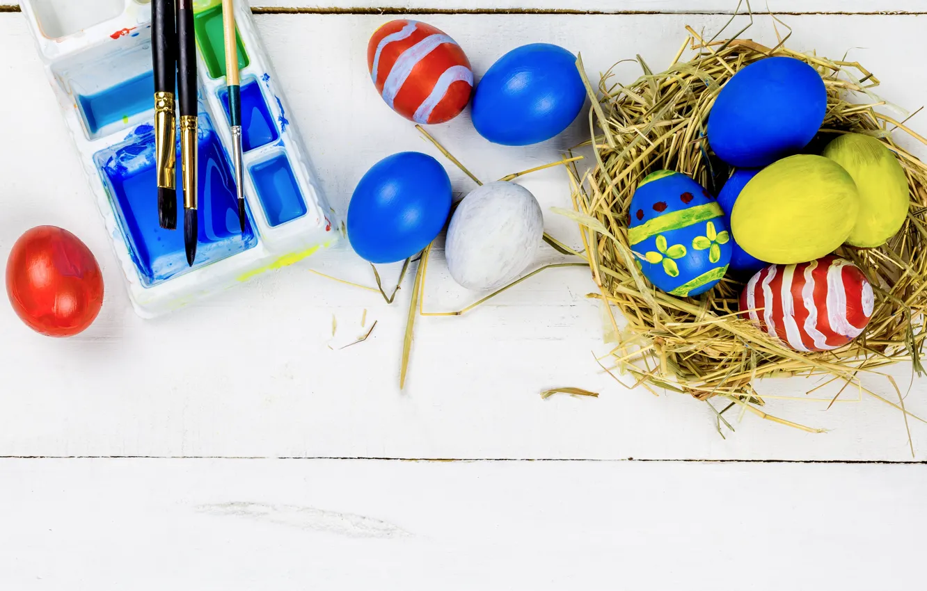 Photo wallpaper holiday, paint, eggs, Easter, socket, straw, brush, Easter