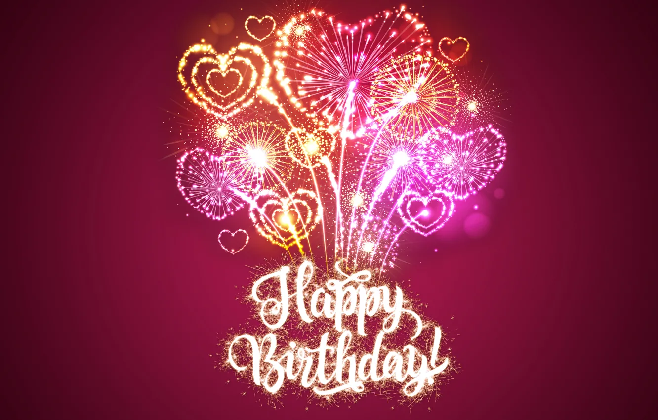 Photo wallpaper salute, Happy Birthday, pink, hearts, fireworks, sparkle, Birthday, design by Marika