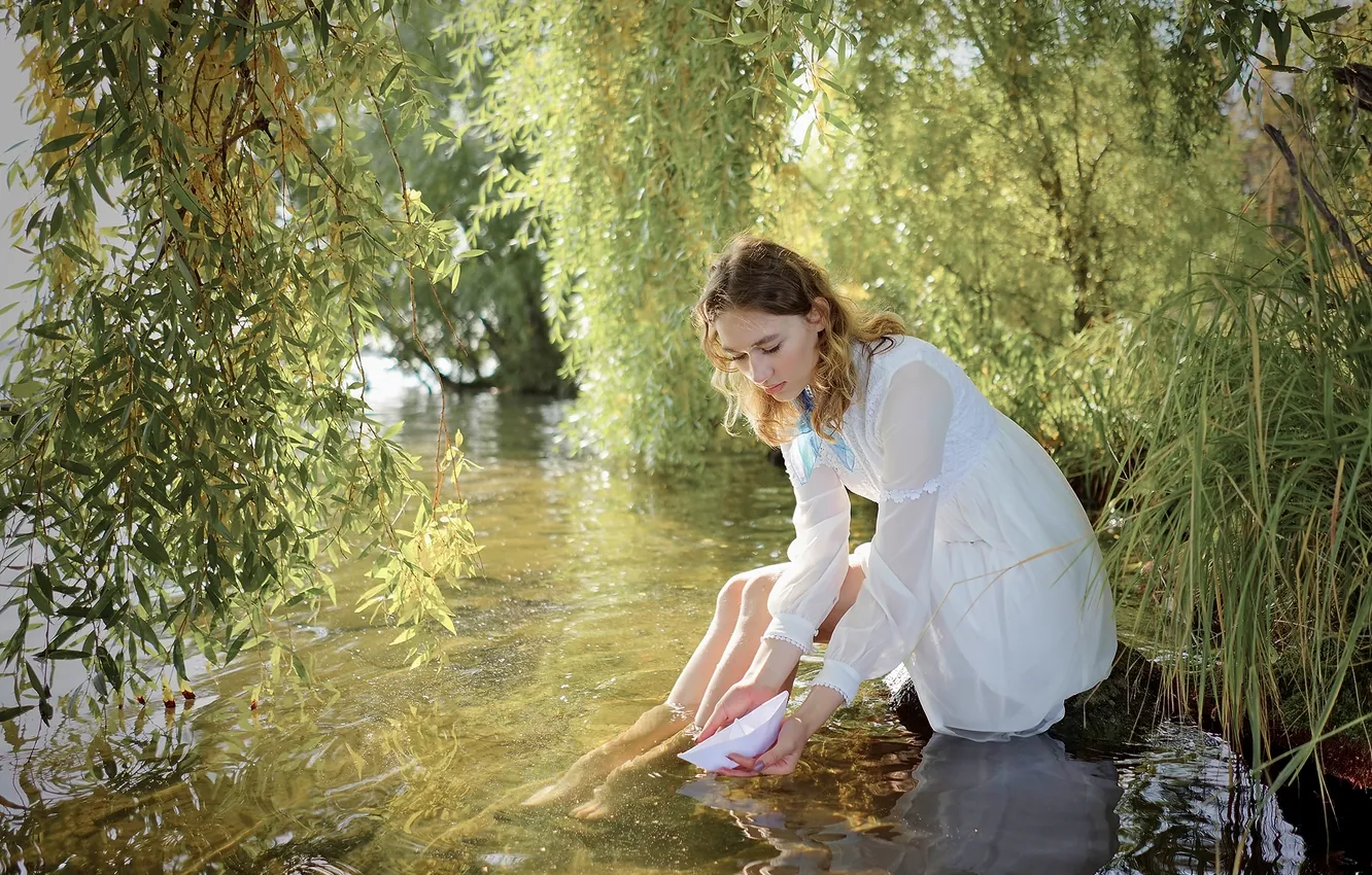 Photo wallpaper GREENS, LEAVES, POND, MOOD, LAKE, SUNDRESS, BOAT, WILLOWS