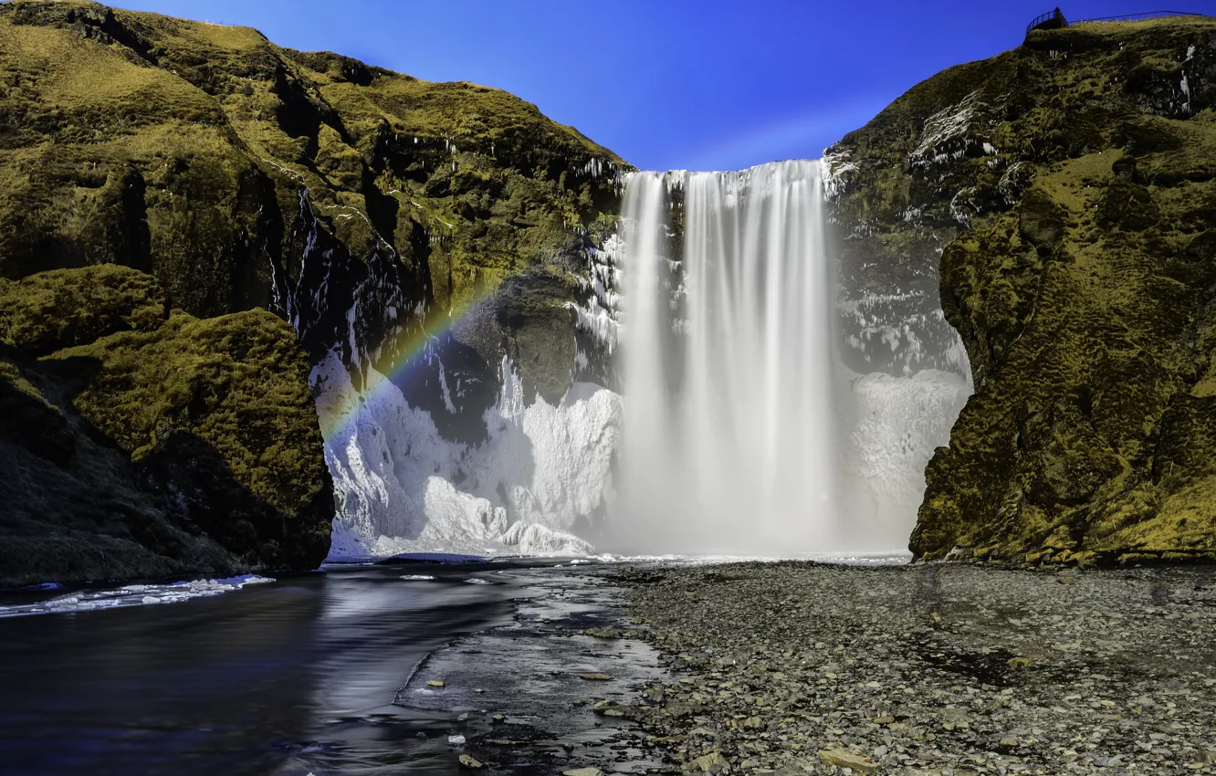 Photo wallpaper river, rocks, rainbow, Iceland, Iceland, the waterfall Skogarfoss, Skogafoss