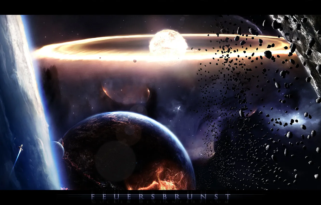 Photo wallpaper space, stars, planets, Solar, fire