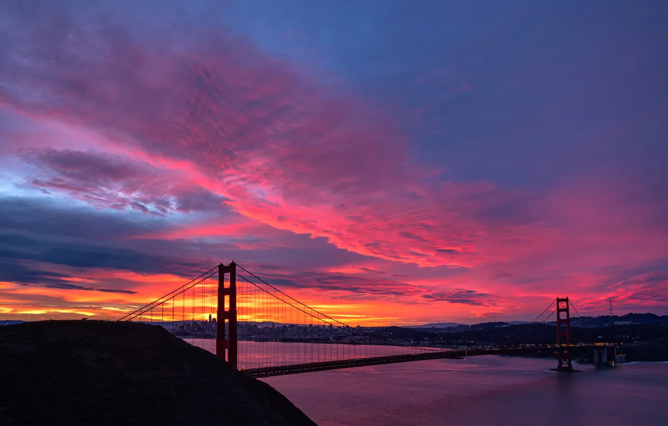 Photo wallpaper city, USA, Golden Gate Bridge, sky, sea, ocean, bridge, sunset