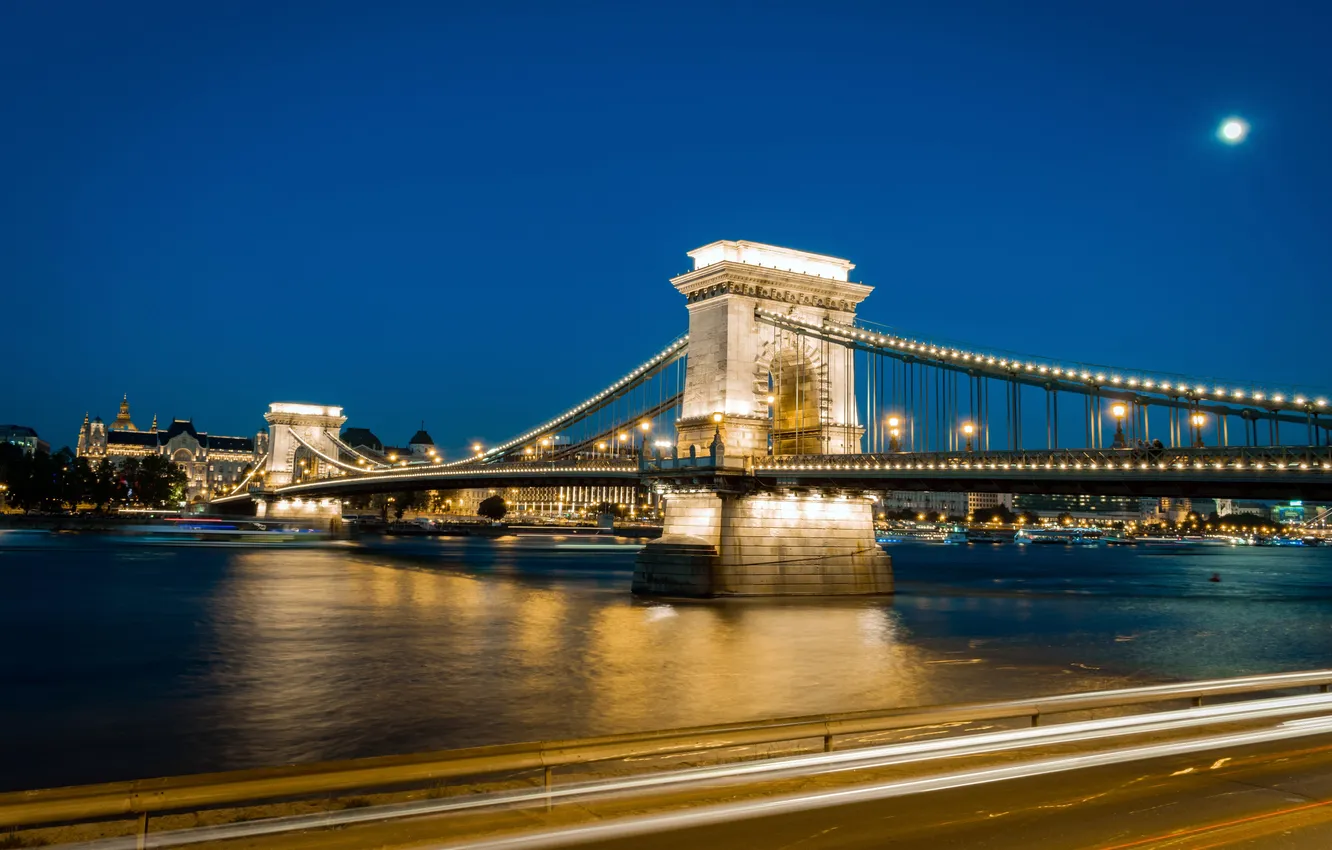 Photo wallpaper Night, Night, Hungary, Hungary, Budapest, Budapest, Széchenyi chain bridge, Szechenyi Chain Bridge