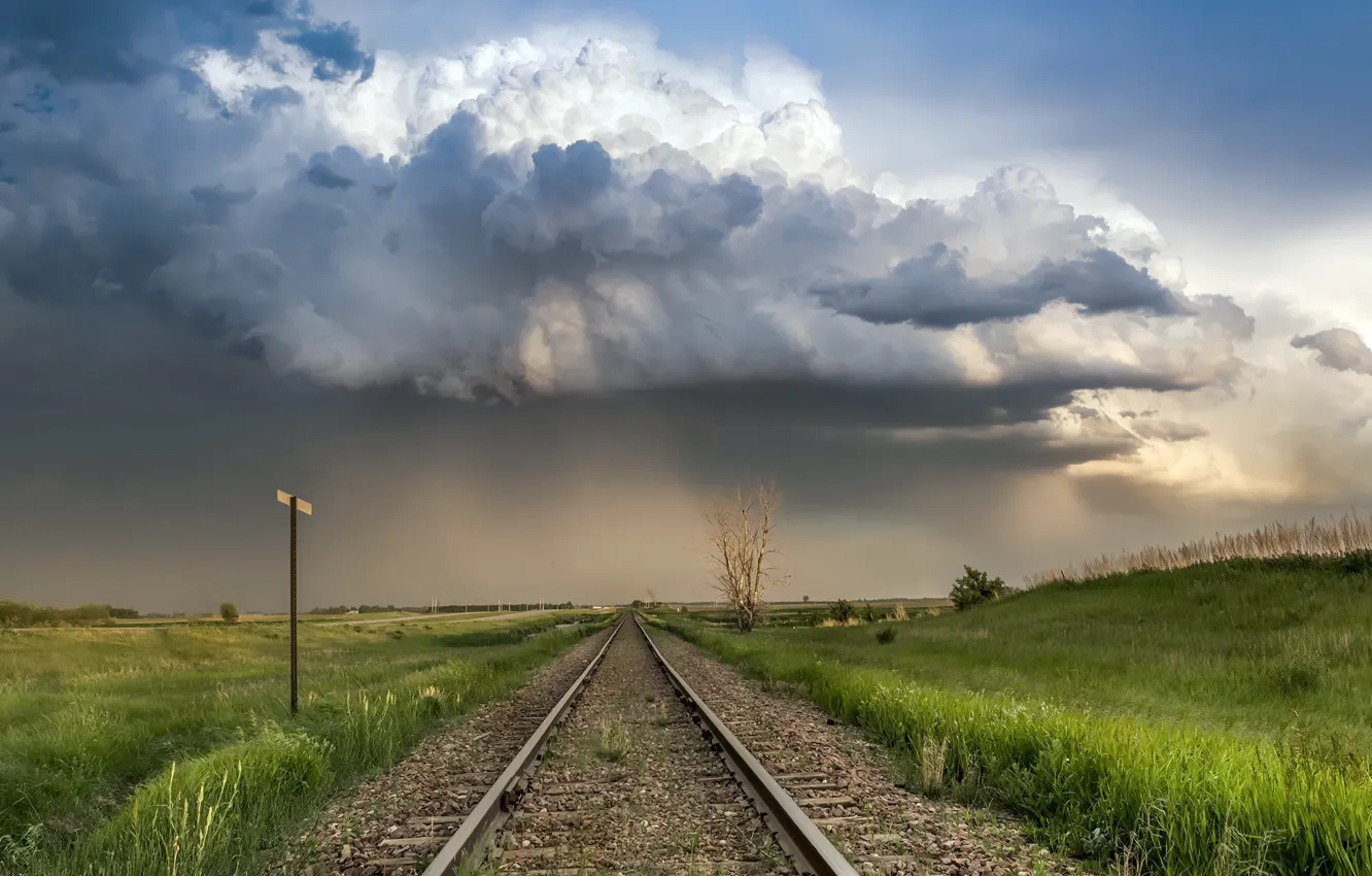 Photo wallpaper railroad, field, clouds, nature, summer
