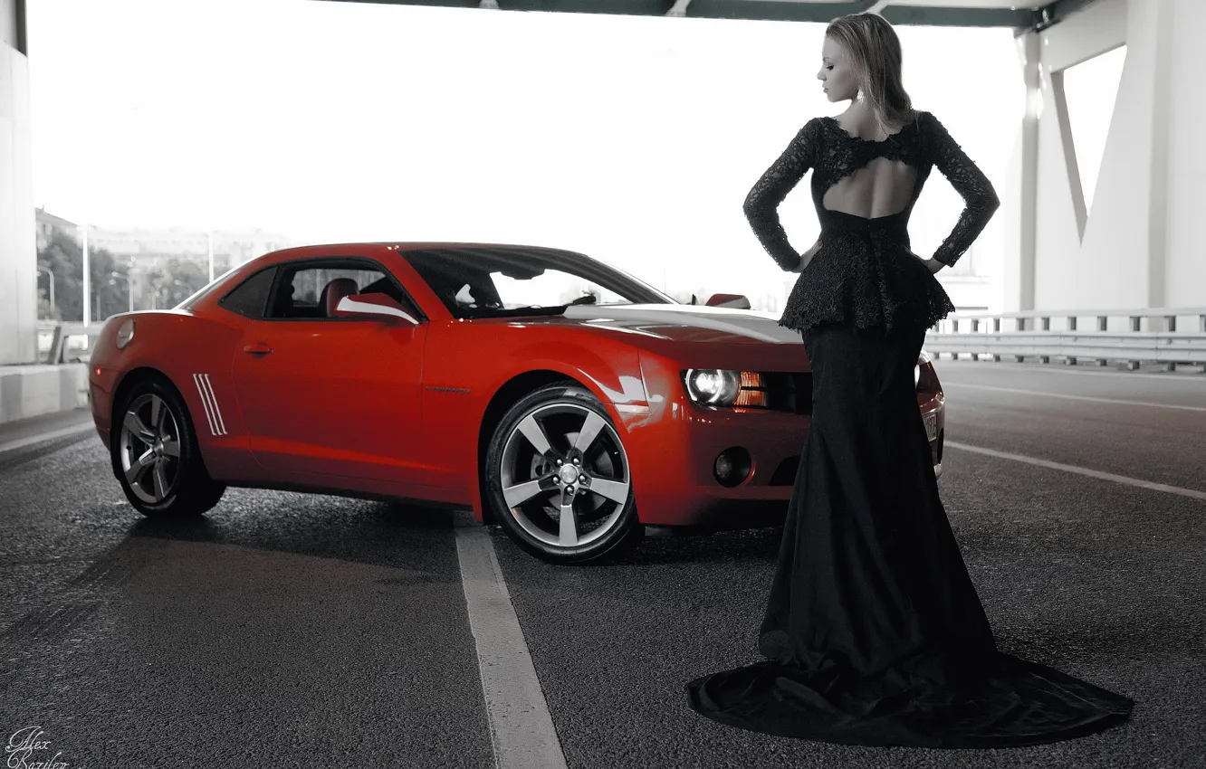 Photo wallpaper girl, focus, Chevrolet, figure, dress, b/W, Camaro, neckline
