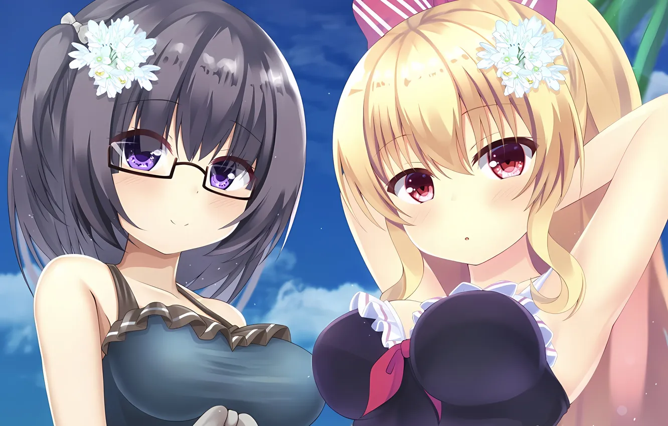 Photo wallpaper sexy, cleavage, long hair, girls, boobs, anime, flowers, beautiful