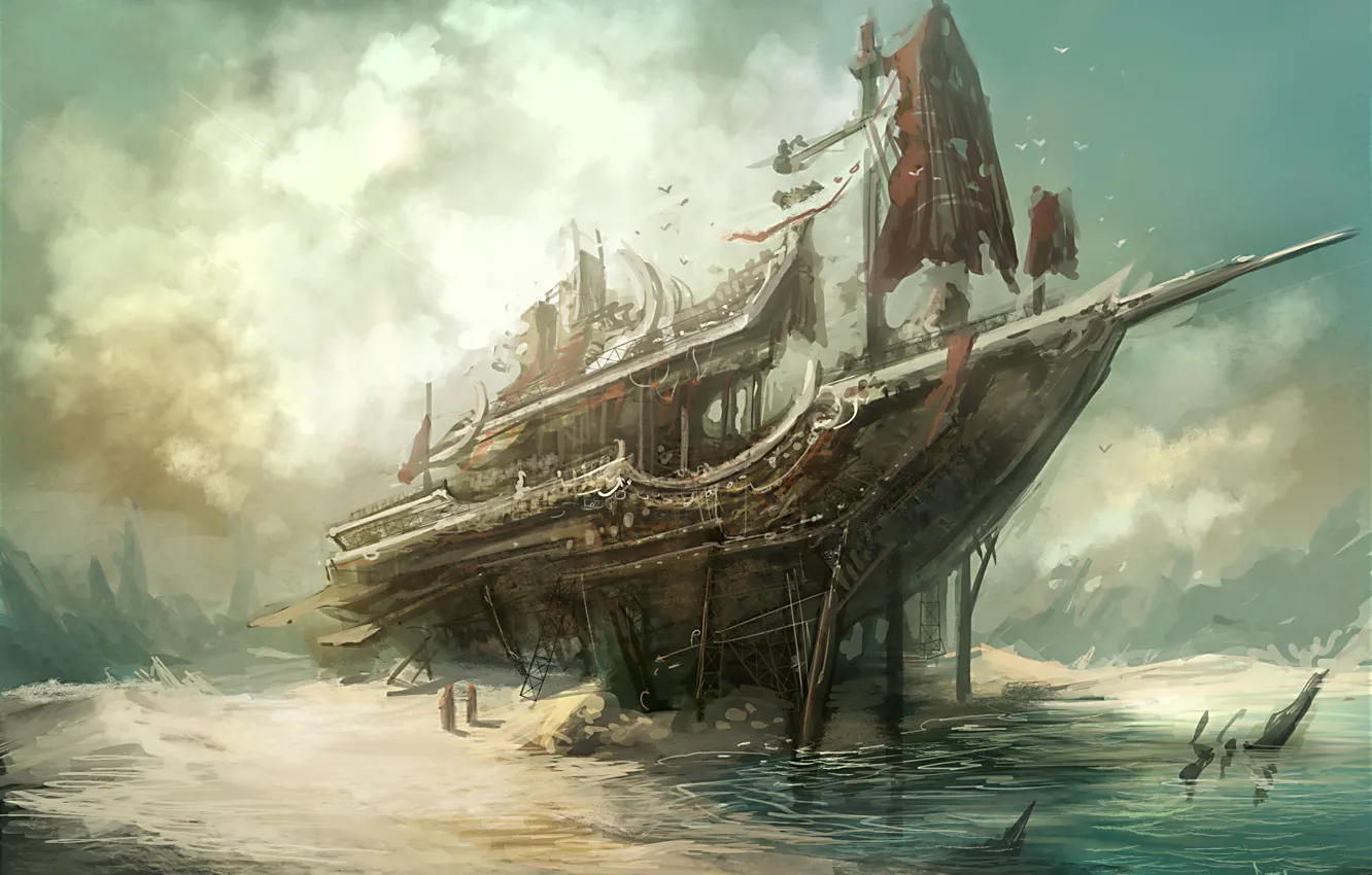 Photo wallpaper sea, shore, ship, the skeleton, art