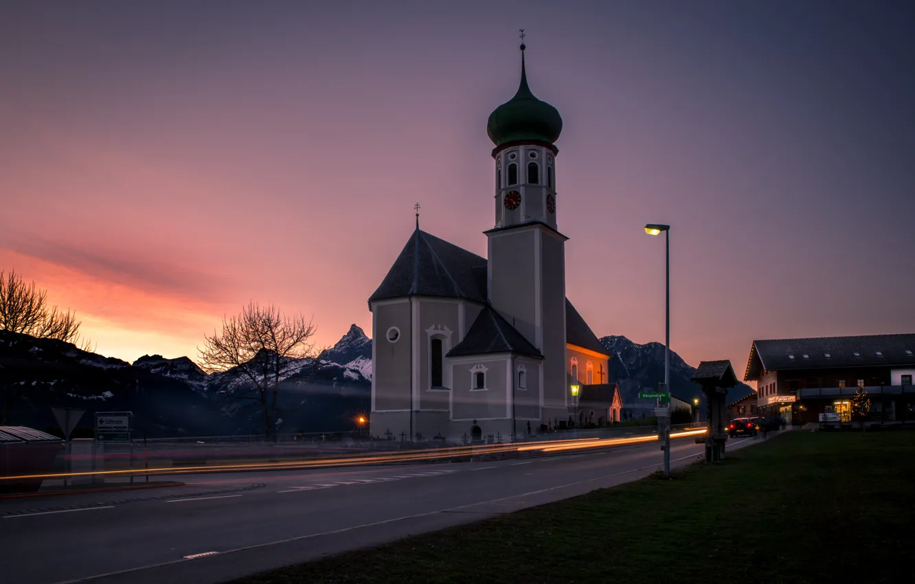 Photo wallpaper road, lights, street, the evening, Church, Austria, Austro