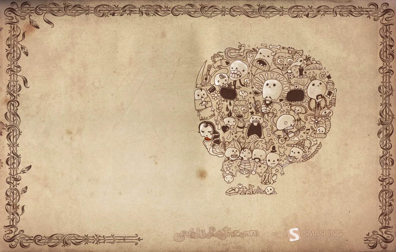 Photo wallpaper skull, frame, beige